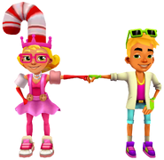 Nick in his Neon Outfit fist bumping Elf Tricky in her Candy Outfit