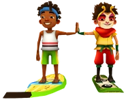 Edison surfing on Banana high fiving Sun surfing on Panda