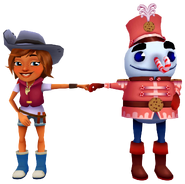 Kim in her Coast Outfit fist bumping Buddy in his Candy Outfit