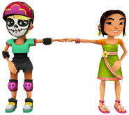 Olivia in her Derby Macabre Outfit fist bumping Mei in her Bumi Outfit