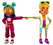 Nick in his Neon Outfit fist bumping Alicia in her Tracksuit Outfit