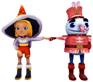 Freya in her Winter Magic Outfit fist bumping Buddy in his Candy Outfit