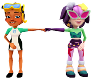 Kim in her Dive Outfit fist bumping Ji-Yeong in her Celestial Outfit