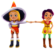 Freya in her Winter Magic Outfit fist bumping Jolien in her Spring Outfit