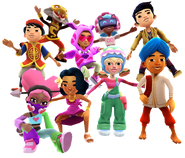 Valentina, Noon in her Pink Outfit, Meggan, Jay in his Blue Outfit, Lee in his Silk Outfit, Snake, Kaleo in his Kiss Kiss Outfit, Hammy-Bee, and Ace with Black Friday Bonanza pose (from