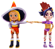 Freya in her Winter Magic Outfit fist bumping Song Yi in her Golden Crush Outfit