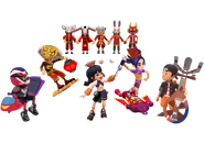Akira sitting on Override, Snake surfing on Hyper Viper, Rat, Ox, Tang Yuan, Tiger, Rabbit, Song Yi on Lantern, Dragon, and Lee holding Night Lute