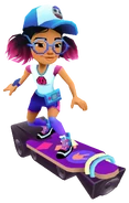 Jenny in her Pixel Outfit surfing on Rave Rider
