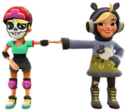 Olivia in her Derby Macabre Outfit fist bumping Clementine in her Hide and Sheep Outfit