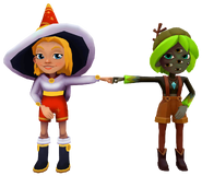 Freya in her Winter Magic Outfit fist bumping Morgan in her Swamp Mystery Outfit