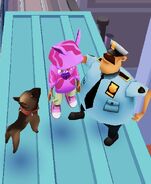 Kaleo in his Kiss Kiss outfit getting caught by the Guard