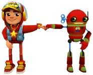 Tagbot in its Toy Outfit fist bumping Jake in his Star Outfit