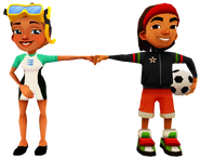 Kim in her Dive Outfit fist bumping Roberto in his Fan Outfit