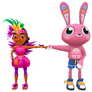 Carmen in her Shake Outfit fist bumping George in his Eggstravaganza Outfit