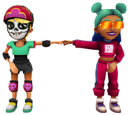 Olivia in her Derby Macabre Outfit fist bumping Alicia in her Tracksuit Outfit