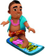 Izzy in his Aloha Outfit surfing on Turtle