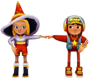 Freya in her Winter Magic Outfit fist bumping Jake in his Star Outfit
