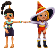 Jasmine in her Ankh Outfit fist bumping Freya in her Winter Magic Outfit