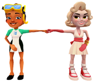 Kim in her Dive Outfit fist bumping Vivienne in her Hollywood Glam Outfit