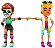 Nick in his Neon Outfit fist bumping Olivia in her Derby Macabre Outfit