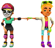 Olivia in her Derby Macabre Outfit fist bumping Nick in his Neon Outfit