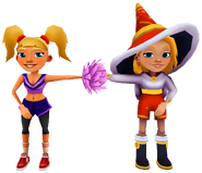 Tasha in her Cheer Outfit fist bumping Freya in her Winter Magic Outfit