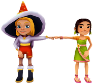 Mei in her Bumi Outfit fist bumping Freya in her Winter Magic Outfit