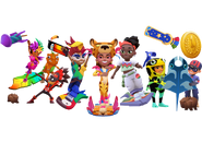 Rocket, Carmen surfing on Birdie, Fantasma, Toucan, Gabriel surfing on Arara Board, Rebeca Roar surfing on Roarsome, Tainá surfing on Kite, Moongazer, and Yutani Harlequin Toad and Super Runner Fernando holding Jamanta together.