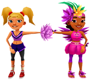 Tasha in her Cheer Outfit fist bumping Carmen in her Shake Outfit