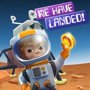 Buzz in space holding a coin in