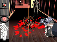 Pre-release screenshot of a battle in killer7.