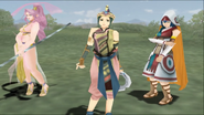 Jeane and Nelis pose as Sharmista blows a kiss at the end Kiss Goodbye in Suikoden V.