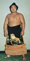 Wakajishi poses with his kesho-mawashi (c. 1976)