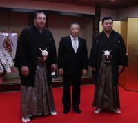 Tochinoumi celebrates Tochinoshin's Ozeki promotion (c. 2018)