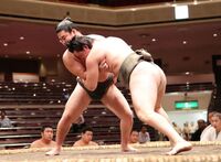Tsuyukusa pushes out and defeats Ogiryu (c. 2016)