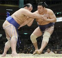 Kotoyutaka pushes out and defeats Tanzo (c. 2013)