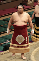 Homarefuji during the Juryo dohyo-iri (c. 2017)