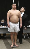 Kitanowaka gets measured upon joining sumo (c. 2021)