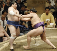 Tochinohana pushes out and defeats Tamakasuga (c. 2007)