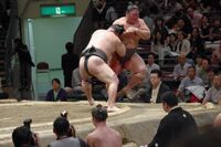Higonojo ensures promotion to Juryo (c. 2013)