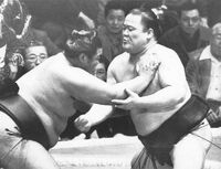 Oko retires former Sekiwake Kurohimeyama (c. 1982)