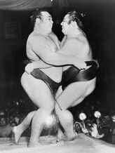 Japanese-sumo-wrestlers-kiyoji-kagamisato-and-junnosuke-yoshibayama-1952 u-l-pihlto0