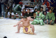 Koganefuji performs the bow-twirling ceremony (c. 1987)