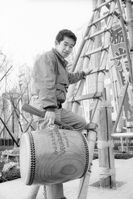 Jiro prepares to play yagura-daiko (c. 1985)