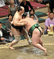 Wakanoshima pushes out and defeats Aminishiki (c. 2016)