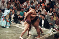 Hananokuni defeats ozeki Konishiki (c. 1989)