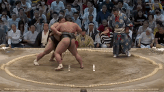 Hakuoho defeats  by uchigake (inside leg trip)