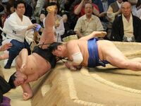 Tochinonada defeats Yokozuna Asashoryu (c. 2008)