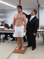 Kirameki gets measured upon joining professional sumo (c. 2020)