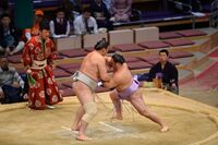 Kotoeko pushes out and defeats Azumaryu (c. 2014)